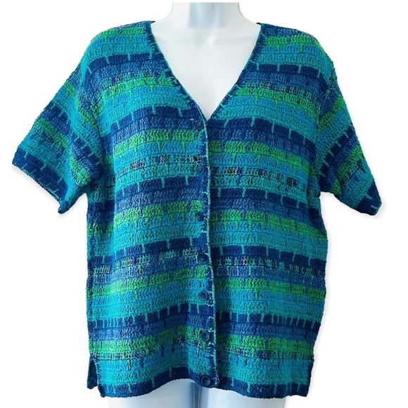 PORTRAITS BY NORTHERN ISLES Short Sleeve Hand-knit Cardigan Sweater Size S - Picture 1 of 9
